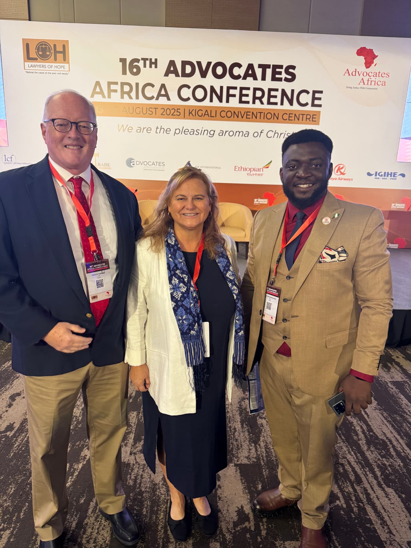 Patrick and Kathleen Talbot with Victor, National Director of the Christian Lawyers Fellowship of Nigeria, at the 16th Advocates Africa Conference in Kigali.