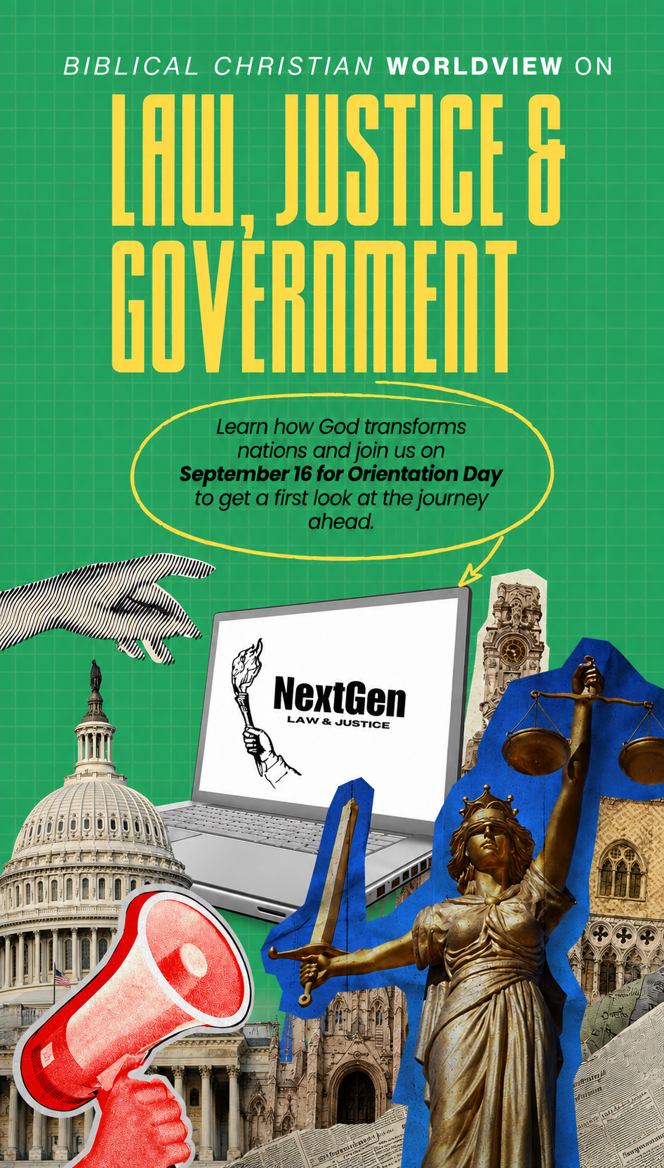 Course announcement graphic for the Biblical Christian Worldview on Law, Justice and Government online course.