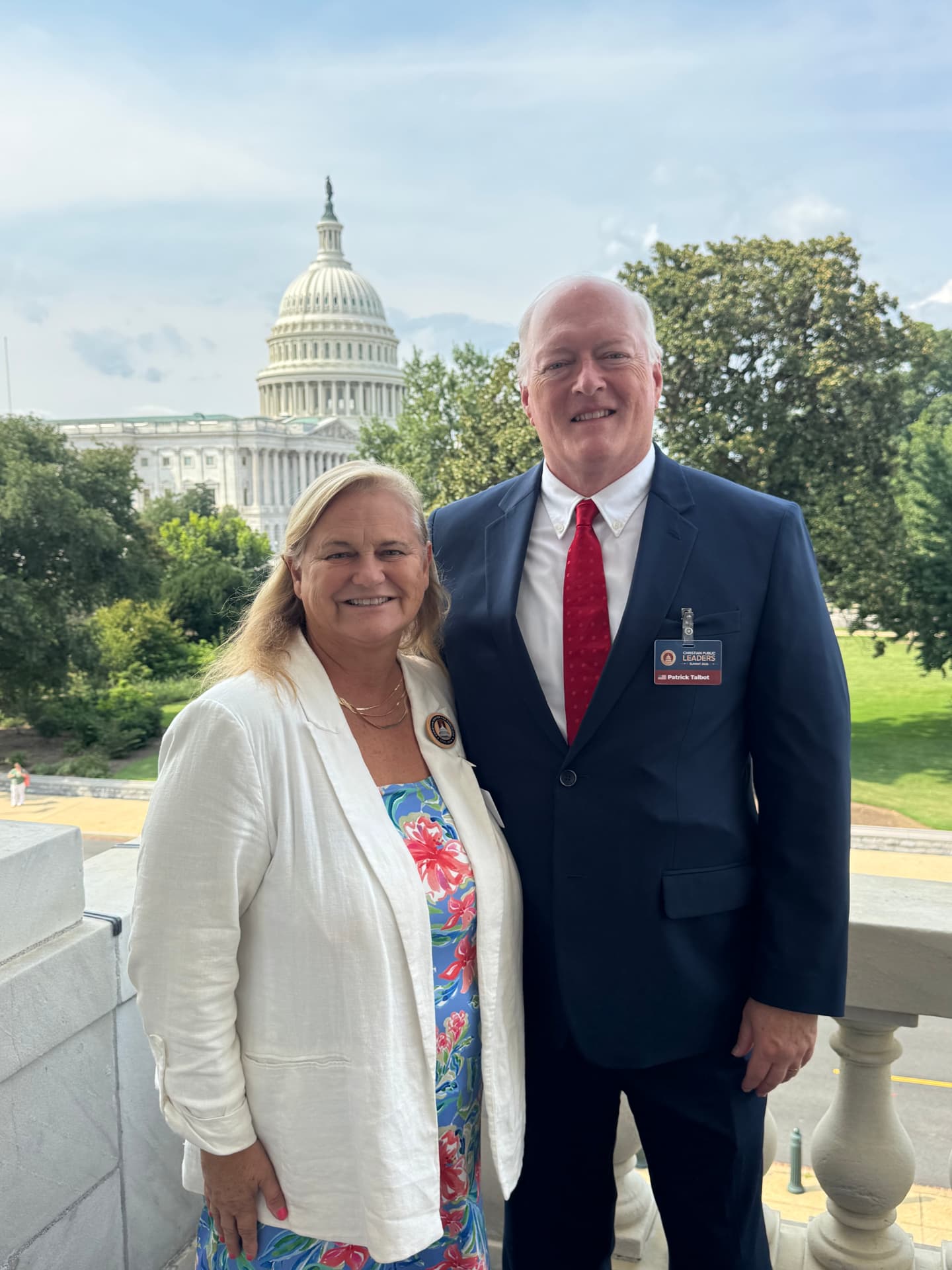 Patrick and Kathleen Talbot standing together outside the United States Capitol in Washington, D.C., during the Christian Public Leaders Summit.