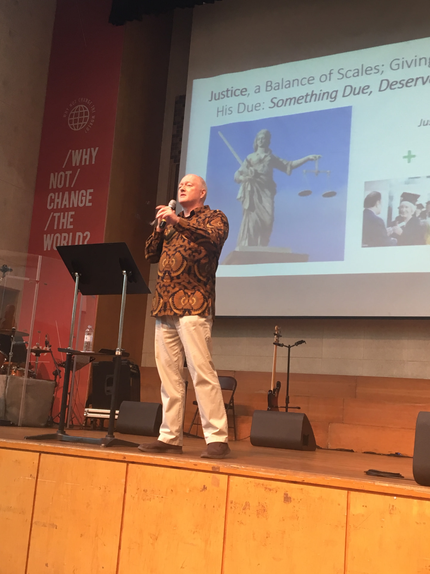 Patrick Talbot preaching on justice at Handong International Church in South Korea.
