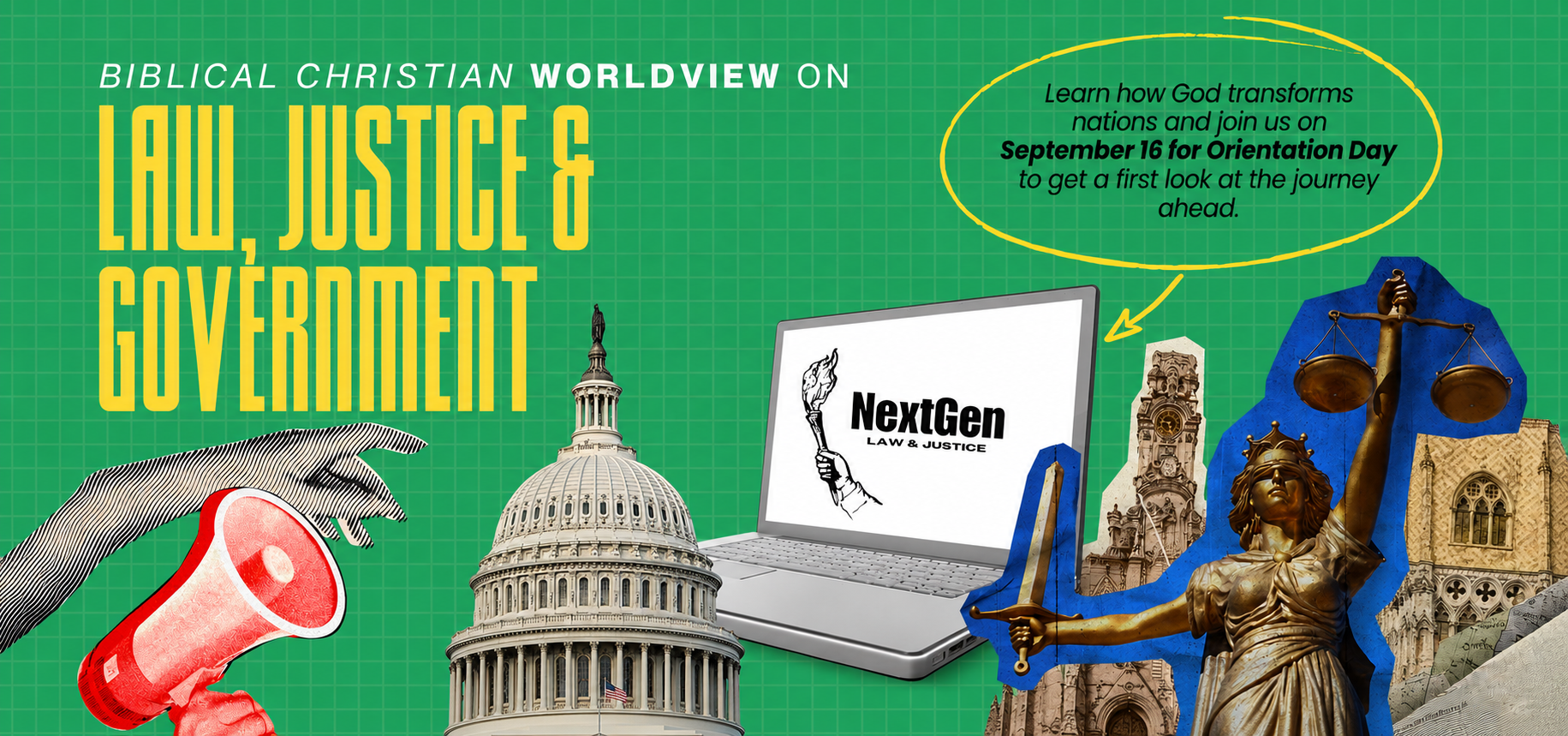 Course announcement graphic for the Biblical Christian Worldview on Law, Justice and Government online course.